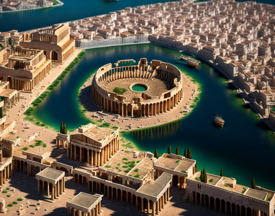 Ancient city model with colosseum, river, classical buildings, and boat.