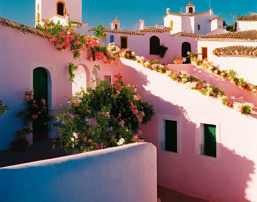 Mediterranean-style building with pink walls and green doors surrounded by lush plants under clear blue sky