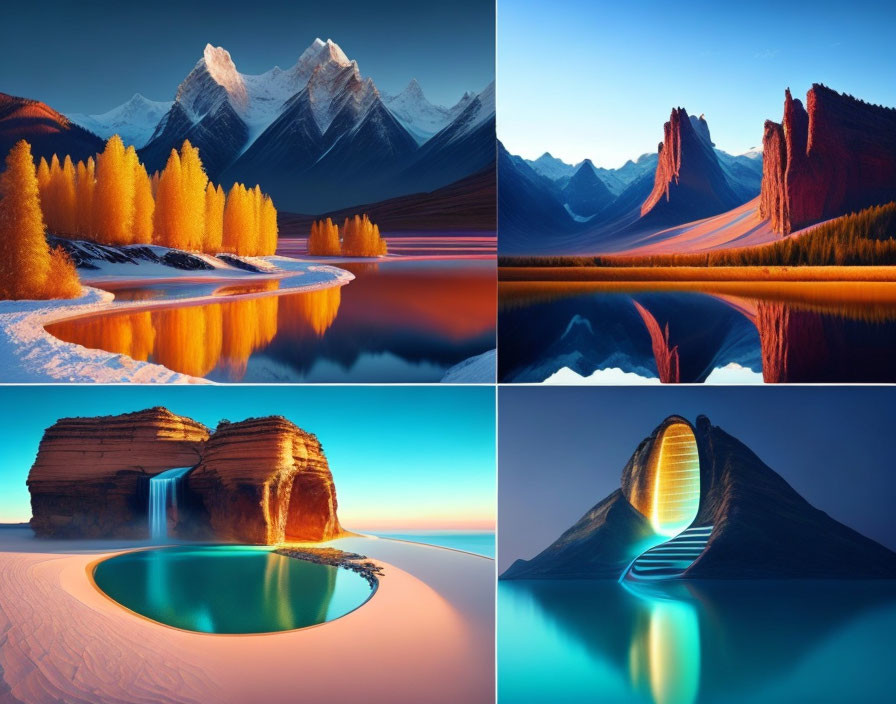 Vibrant surreal landscape scenes: mountains, rocks, desert oasis, waterfall