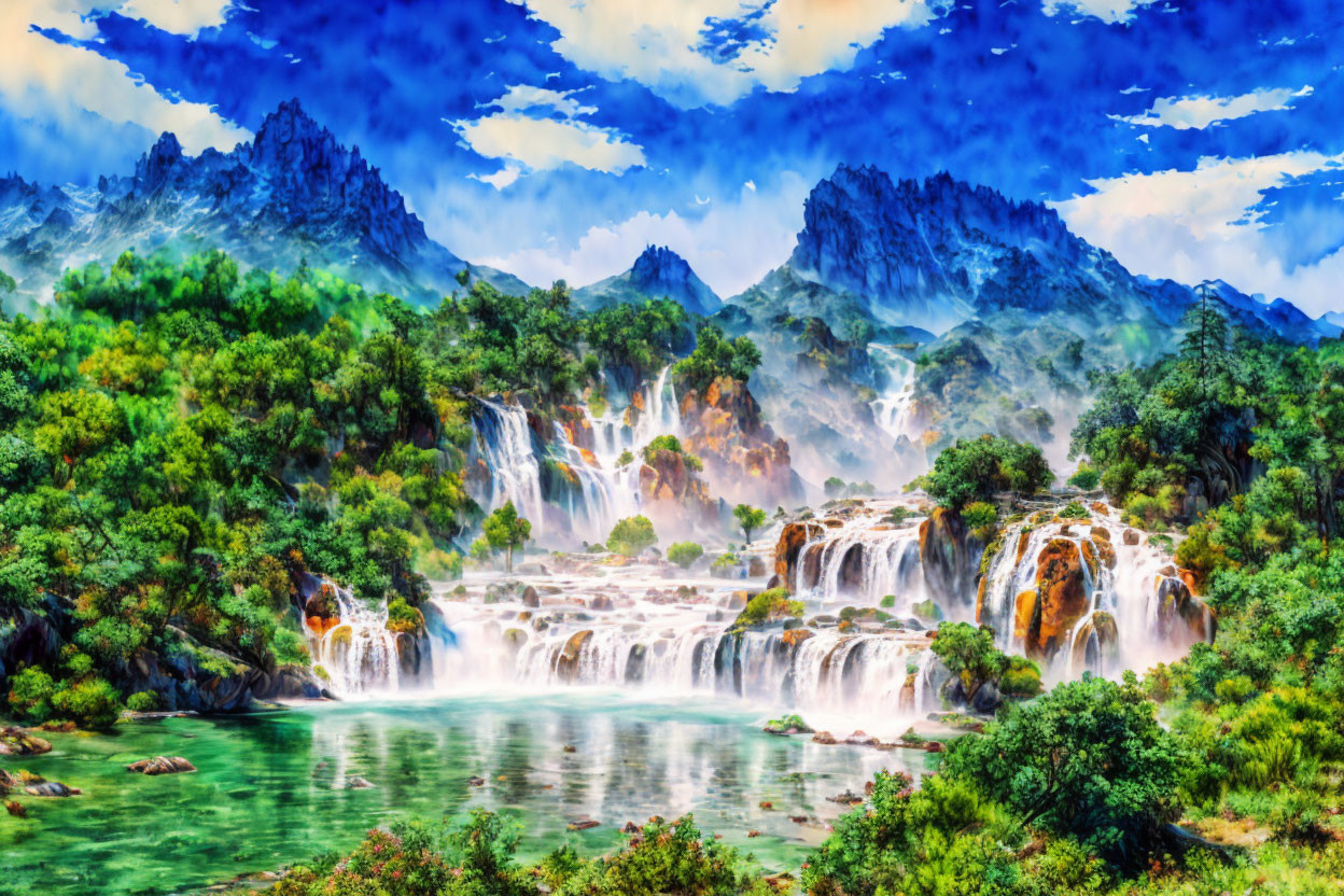 Majestic waterfalls in lush landscape with serene lake