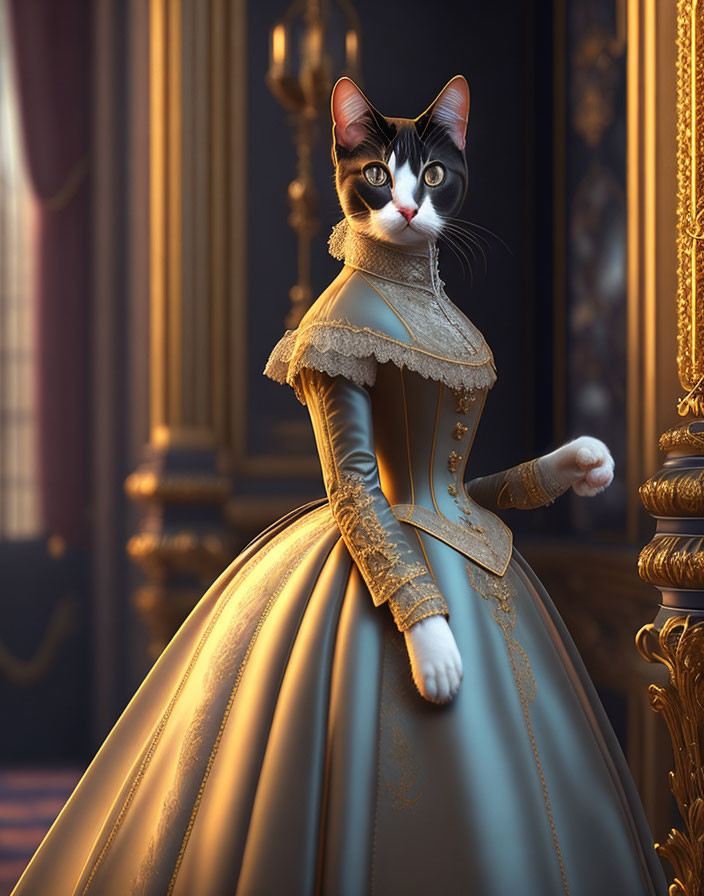 Cat in 18th-Century Dress Stands in Luxurious Room