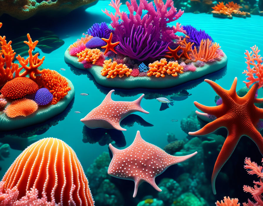 Colorful Coral Reef with Eagle Rays and Starfish in Vibrant Underwater Scene