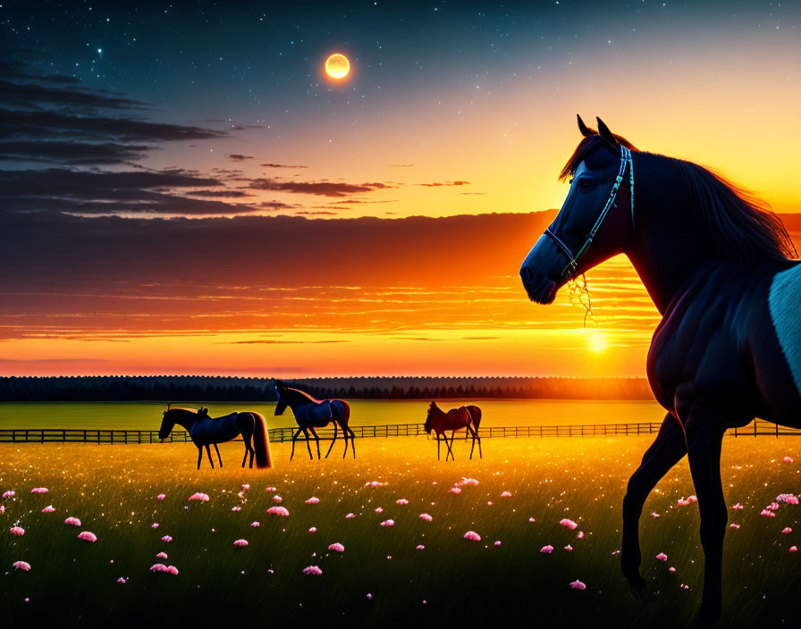 Majestic horse and grazing herd under sunset sky with moon and stars.