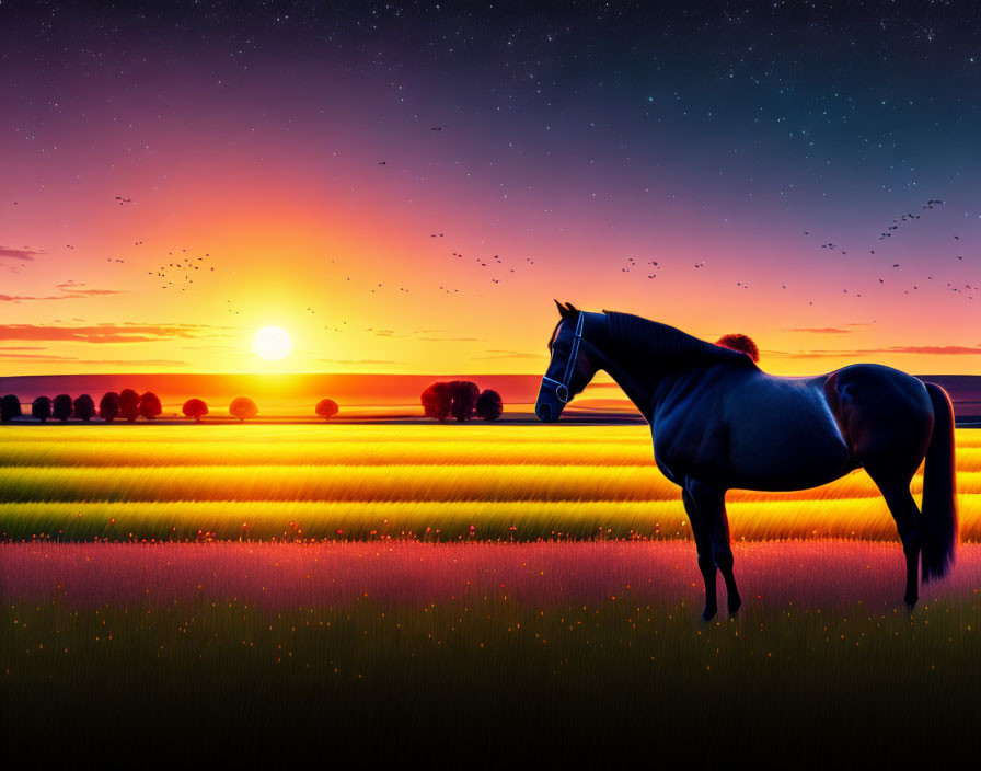 Colorful Horse in Vibrant Field at Sunset with Starry Sky