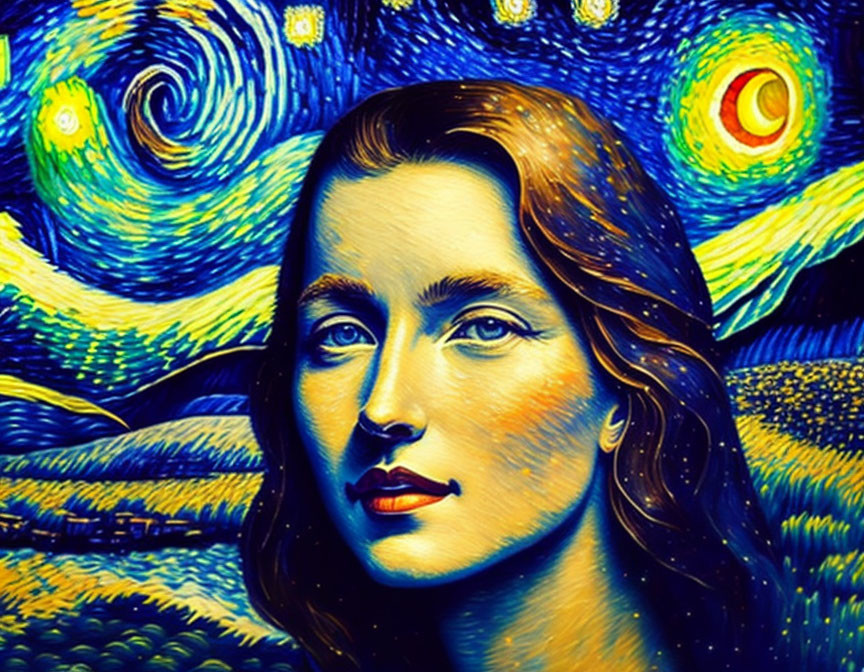 Stylized portrait of woman with swirling night sky and stars background