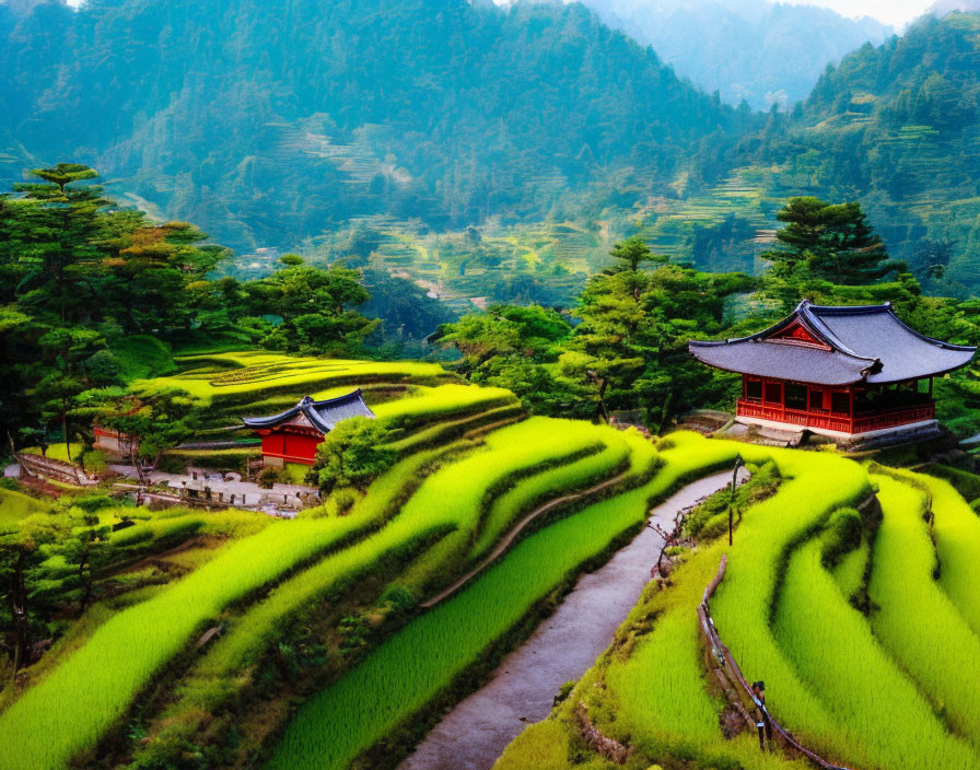 Scenic landscape with terraced rice fields, winding path, and red-roofed buildings.