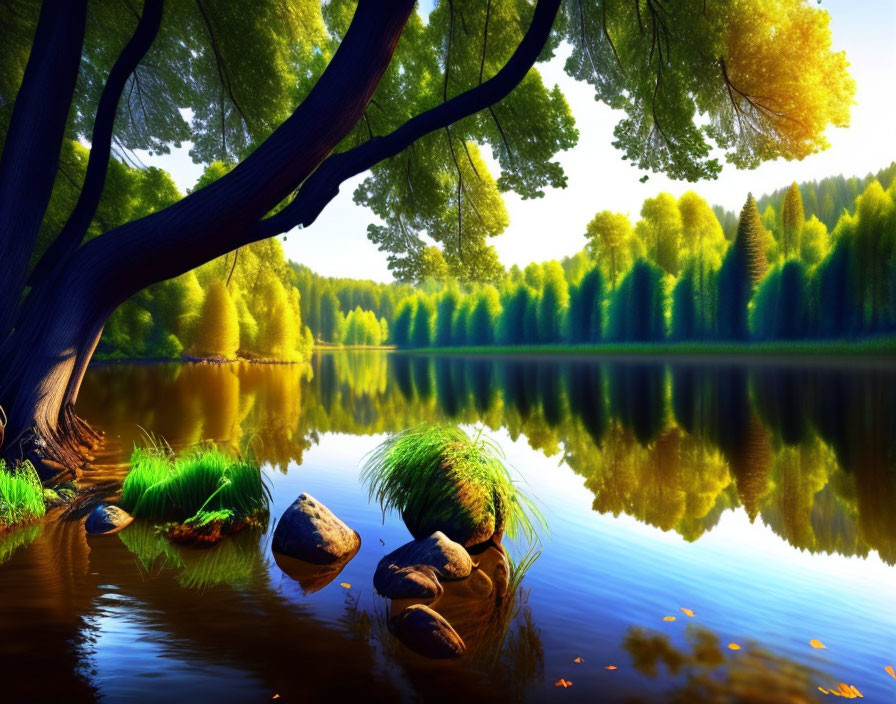 Tranquil lake scene with lush green trees and clear blue sky