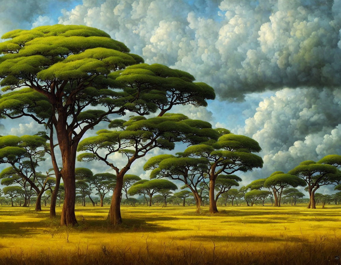 Savanna Landscape with Umbrella-shaped Trees and Cloudy Sky