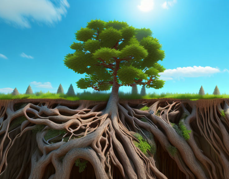 Green tree with roots over chasm under blue sky surrounded by grass and trees