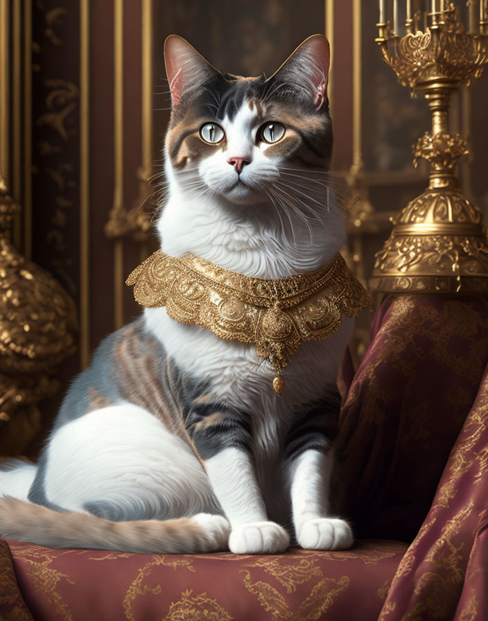 Striking markings on elegant cat in luxurious setting