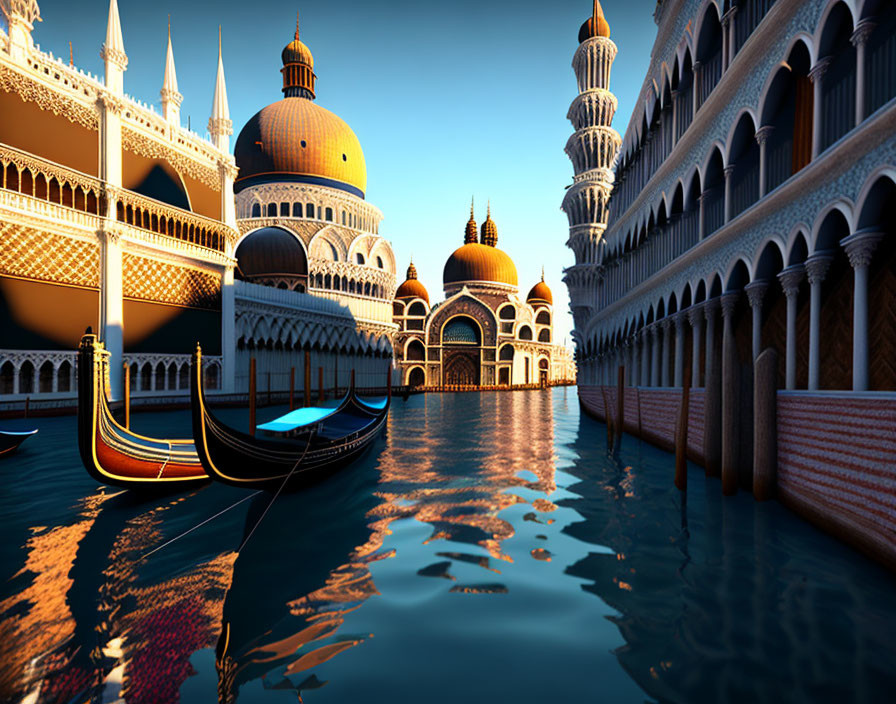 Fantastical digital artwork: Venetian scene with ornate buildings and gondolas.