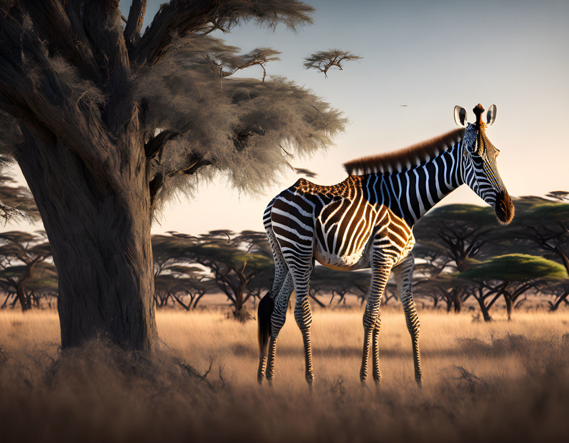 Unique Striped Zebra in Savanna Landscape with Acacia Trees