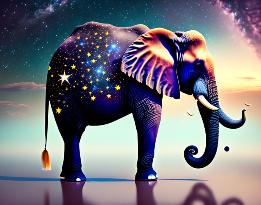 Elephant with Starry Night Sky Pattern in Dusk Setting