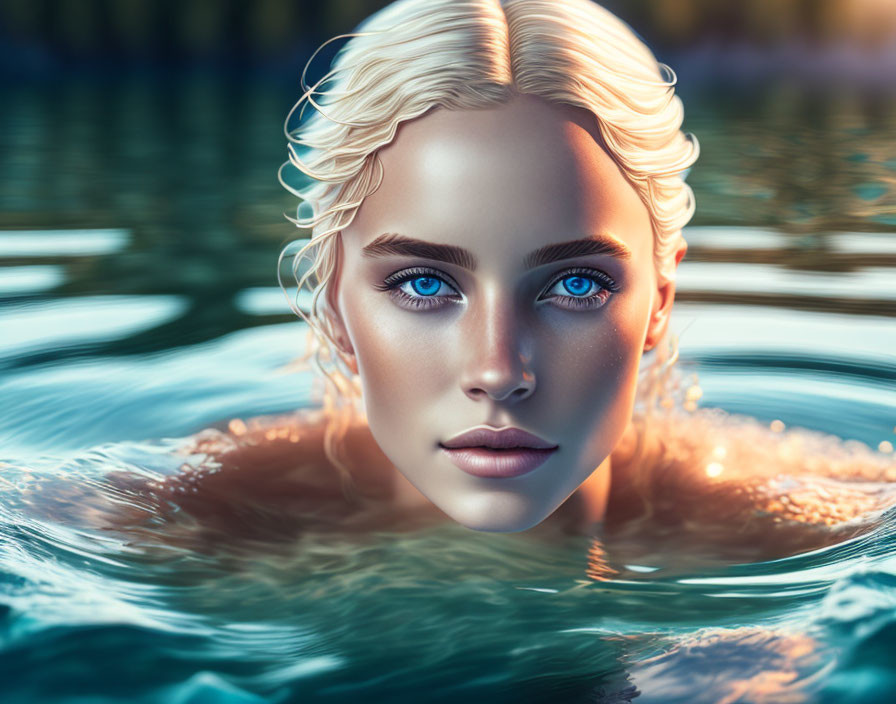 Digital Artwork: Person with Blue Eyes & Blond Hair Emerging from Water