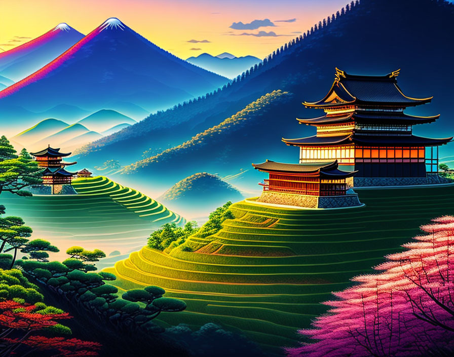 Japanese landscape with layered mountains, pagoda, terraced fields, and cherry blossoms at twilight