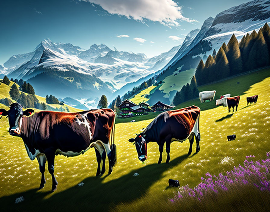 Cows grazing on green hill with purple flowers, village and snowy mountains.