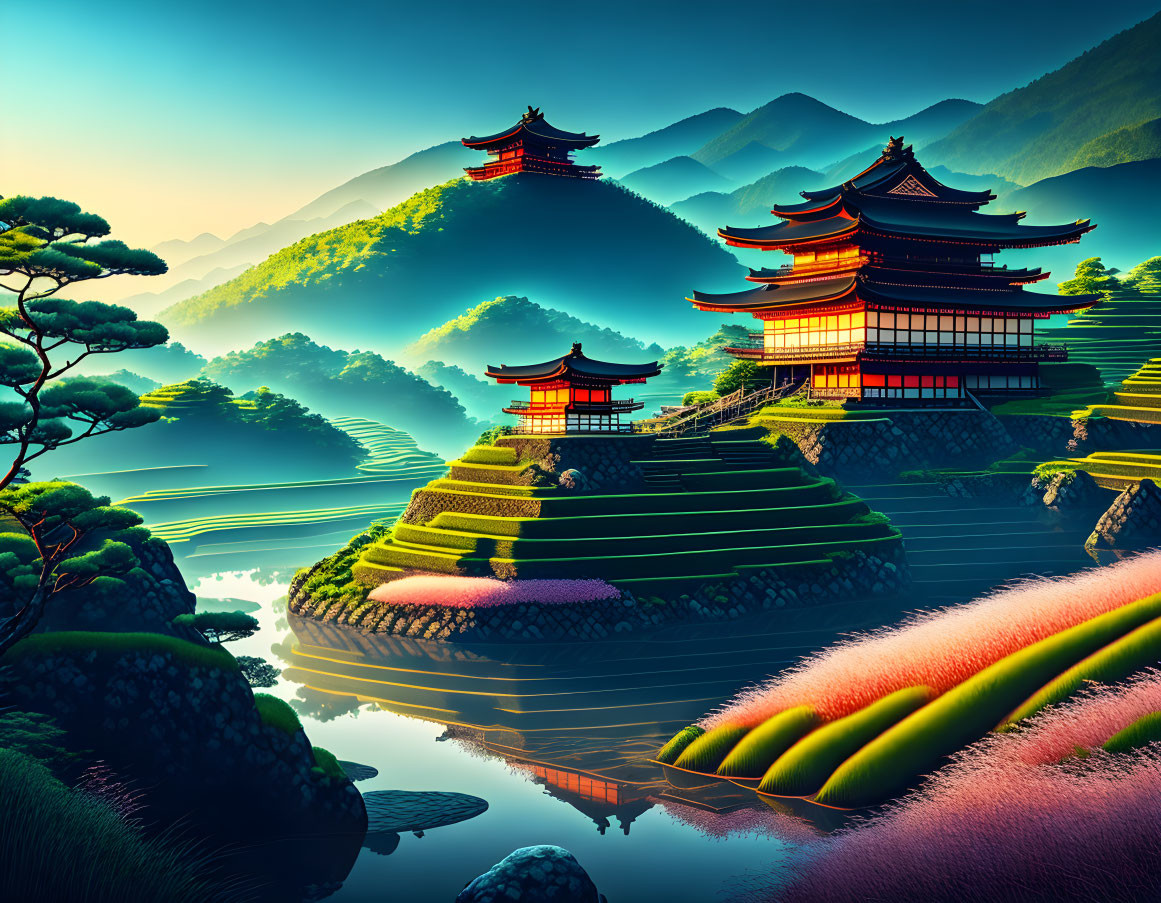 Digital landscape featuring Asian pagodas, terraced fields, flora, water bodies, and misty