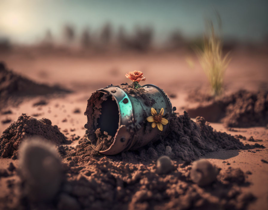 Rusted can with orange and yellow flowers in sandy landscape