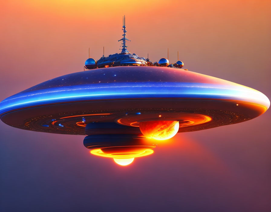 Futuristic UFO-like spacecraft hovers above planet at twilight