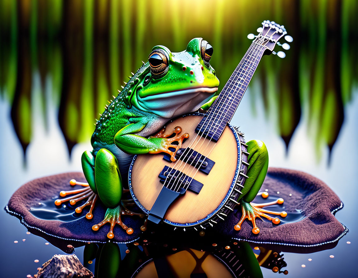 Colorful Frog Posed with Banjo on Leaf by Water Surface