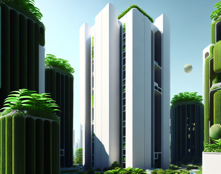 Futuristic cityscape with vertical gardens under clear blue sky