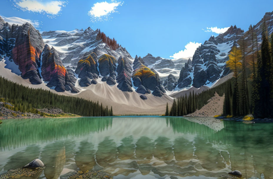 Tranquil lake reflecting colorful mountains and forest under blue sky