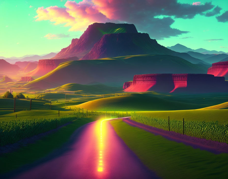 Colorful Sunset Landscape with Winding Road and Mountains