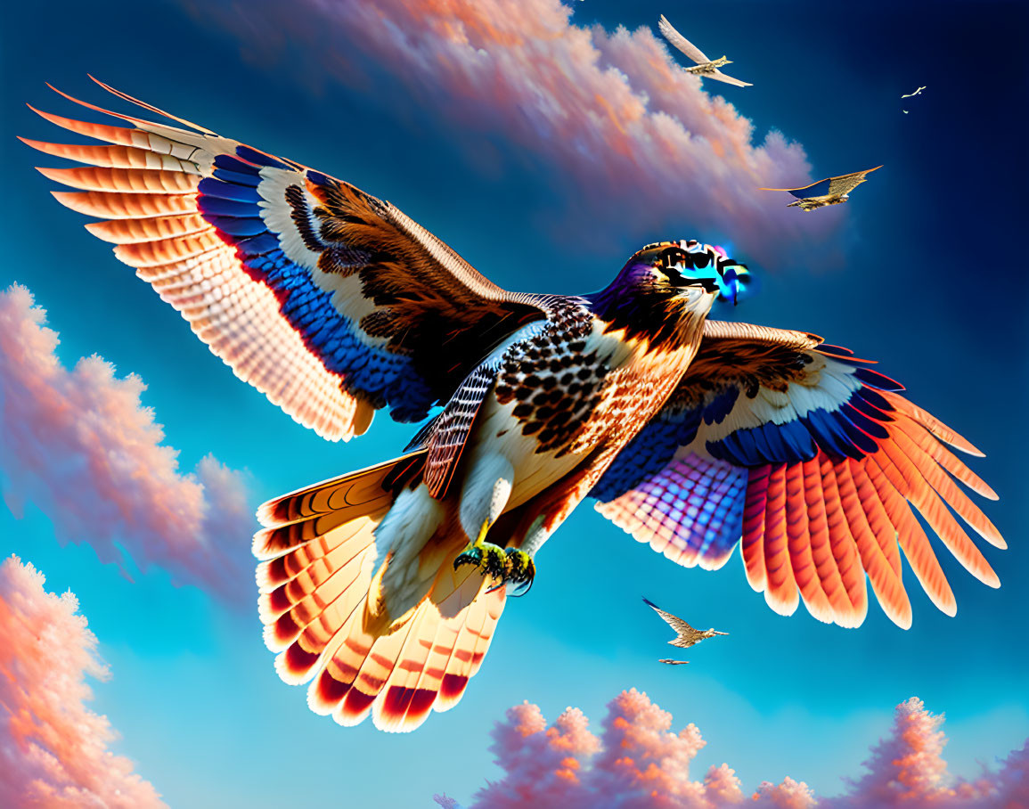 Multicolored bird of prey flying in vibrant sky