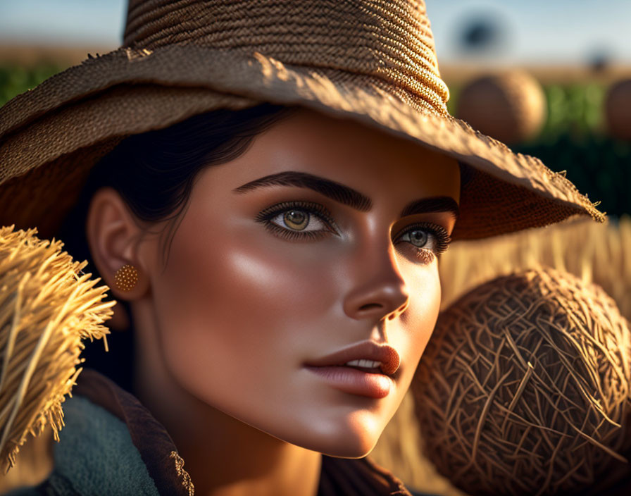 Digital portrait of woman in wide-brimmed hat with golden straw under sunlight