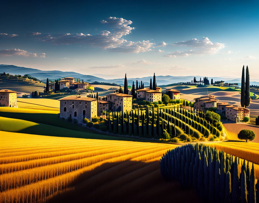 Picturesque Tuscan landscape with golden wheat fields and cypress trees