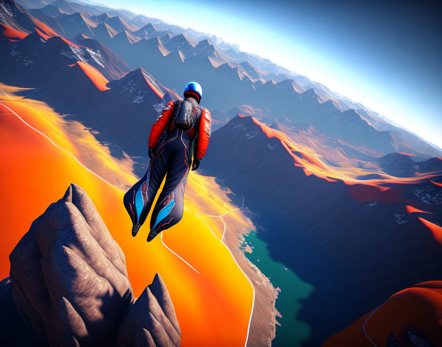 Wingsuit flyer above vibrant orange landscape with mountains & water