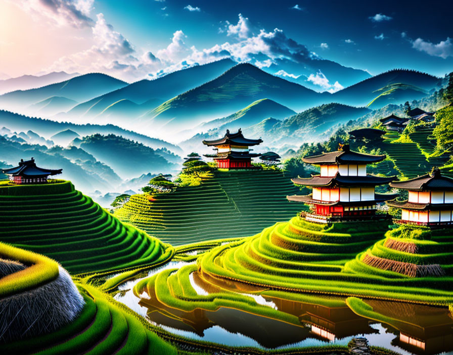 Asian pagodas in vibrant green terraced rice fields under a sunny sky