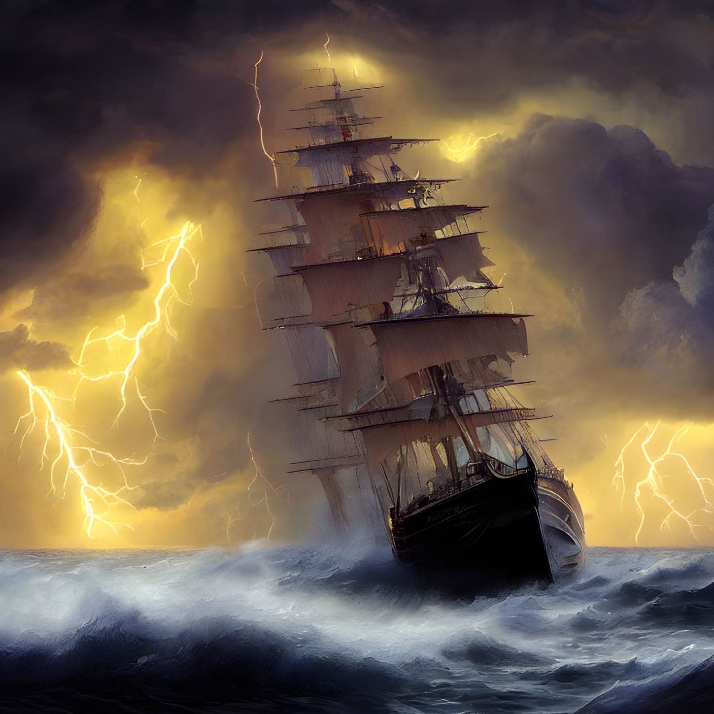 Tall ship with multiple sails in thunderstorm on ocean