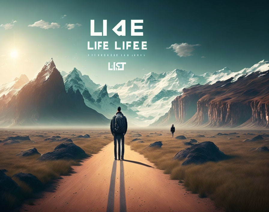 Person with backpack on path to towering mountains under soft-lit sky, with "LIFE" emphasized