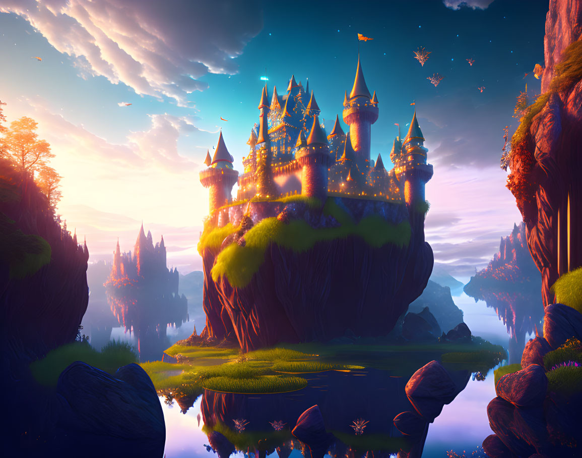 Fantastical illuminated castle on floating island with waterfalls at sunset