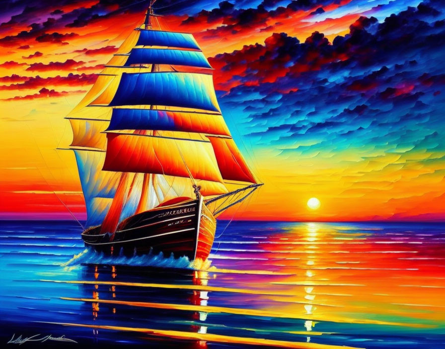 Colorful sailing ship painting at sunset on the sea