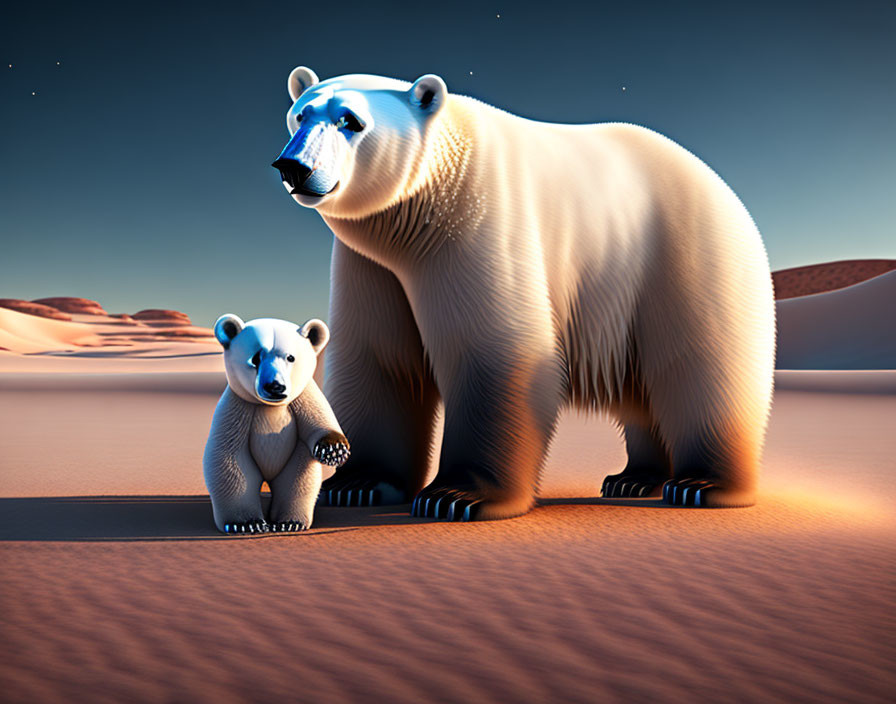 Stylized adult polar bear and cub with blue outlines in desert setting