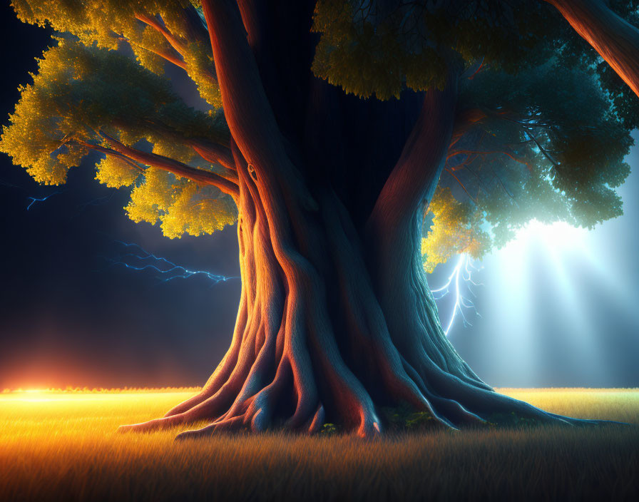 Majestic tree with thick trunk and lush canopy in twilight field with lightning hints