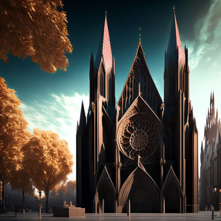 Gothic Cathedral with Pointed Arches and Rose Window Amid Autumnal Trees