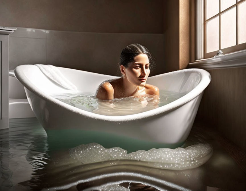 Woman relaxing in overflowing sudsy bathtub in sunlit bathroom