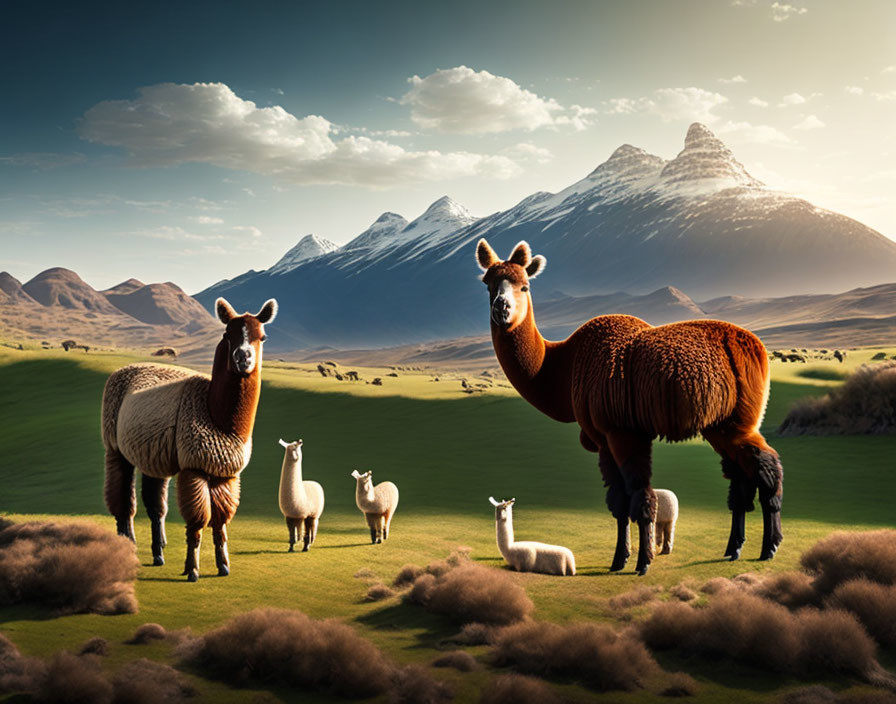 Herd of llamas grazing on lush green plain with snowy mountains in background