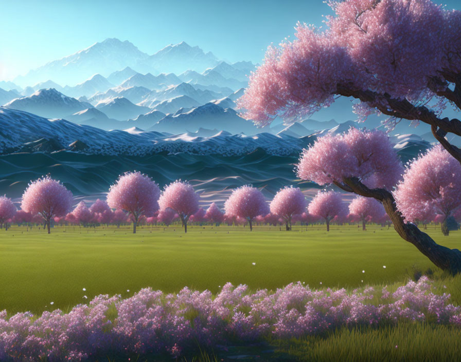 Scenic landscape with cherry blossoms, blooming trees, and majestic mountains