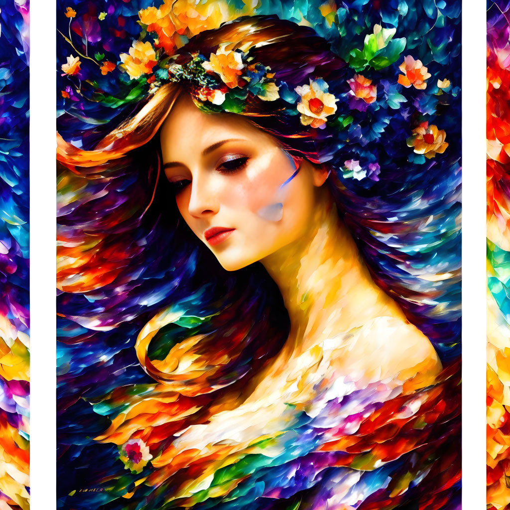 Vibrant digital artwork: Woman with floral crown and flowing, colorful hair
