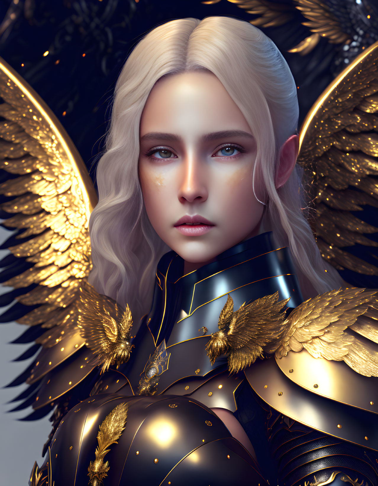 Digital artwork featuring person with platinum-blonde hair, blue eyes, golden armor, and feathered