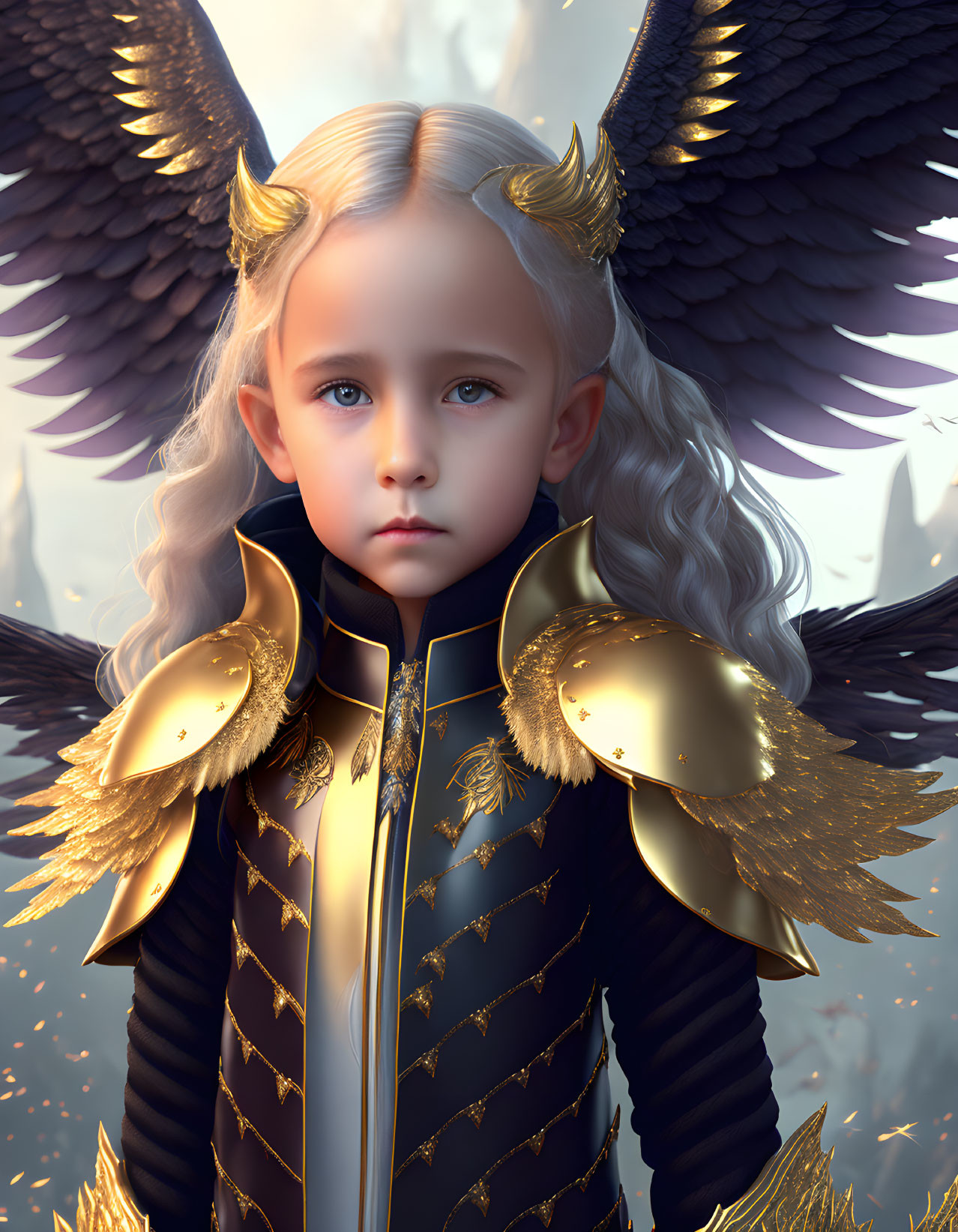 Child with angelic wings in gold armor and horned headpiece in forest setting