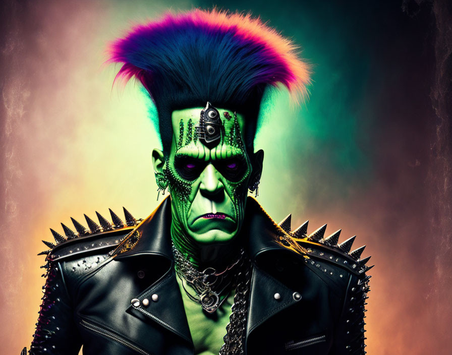 Colorful Mohawk and Cyberpunk Makeup with Spiked Jacket