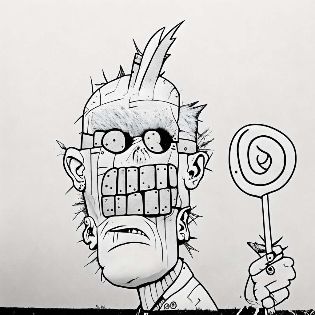 Punk-styled character with mohawk, piercings, braces, holding lollipop