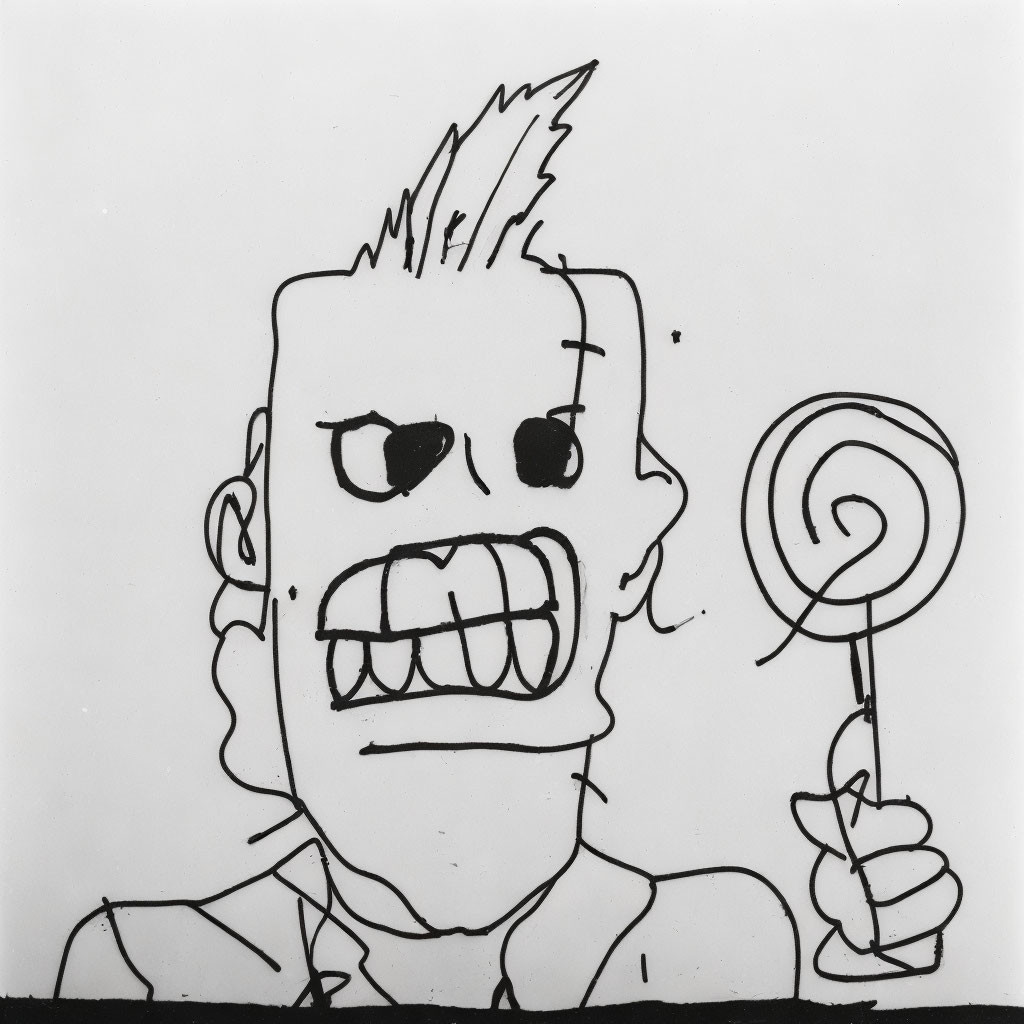 Monochrome drawing of an angry person with spiked hair and lollipop