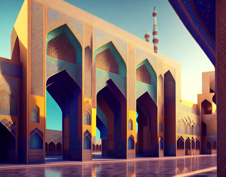 Detailed Illustration of Ornate Mosque with Geometric Patterns