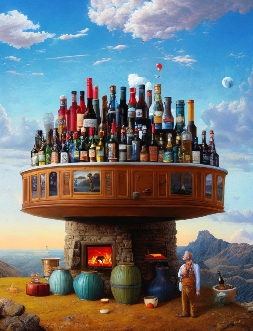 Surreal artwork featuring man, floating bar, liquor bottles, fireplace, mountains, sky, hot